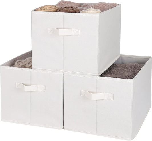 WUIKE 3 Pack Extra Large Fabric Storage Bins, Beige Foldable Closet Organizer Boxes for Clothes, Sheets and Blankets
