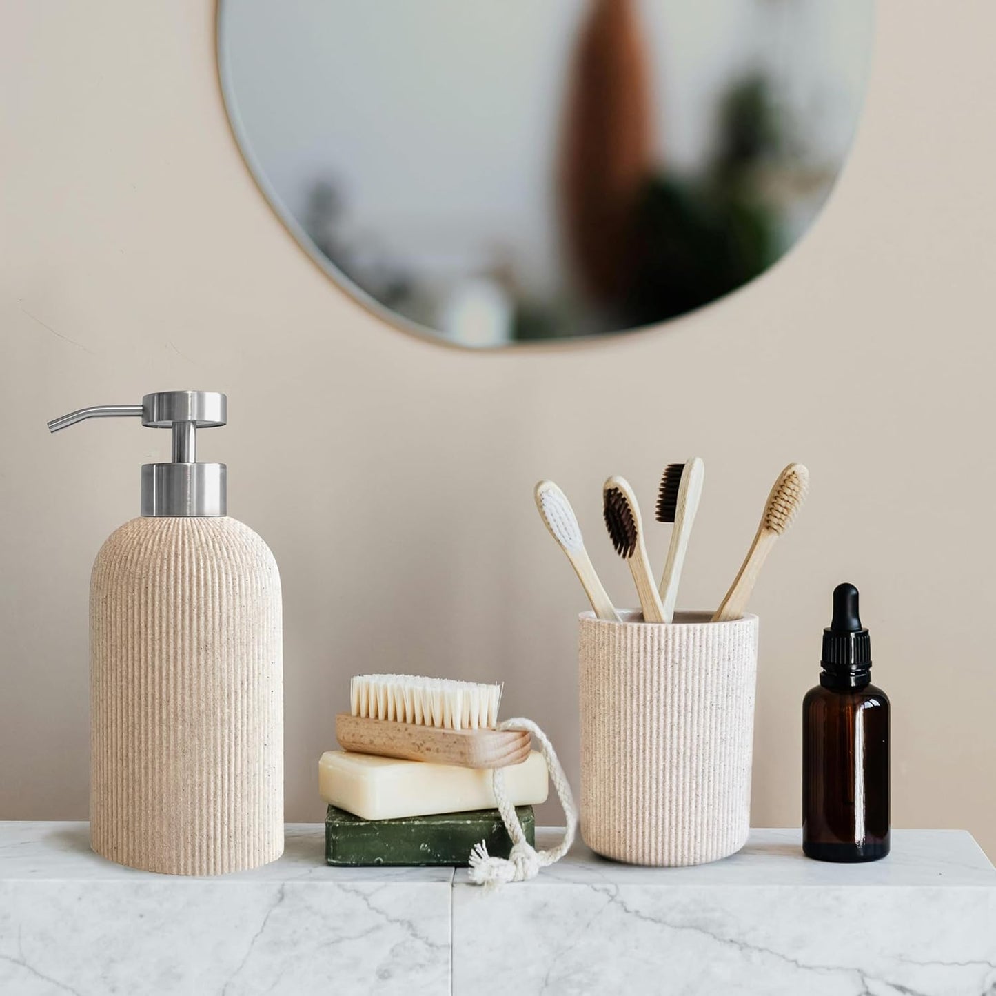Small Sand Beige Toothbrush Holder for Bathroom Countertop, Modern Boho Farmhouse Style, Multi-Purpose Organizer, Rust-Proof Unbreakable Resin Cup