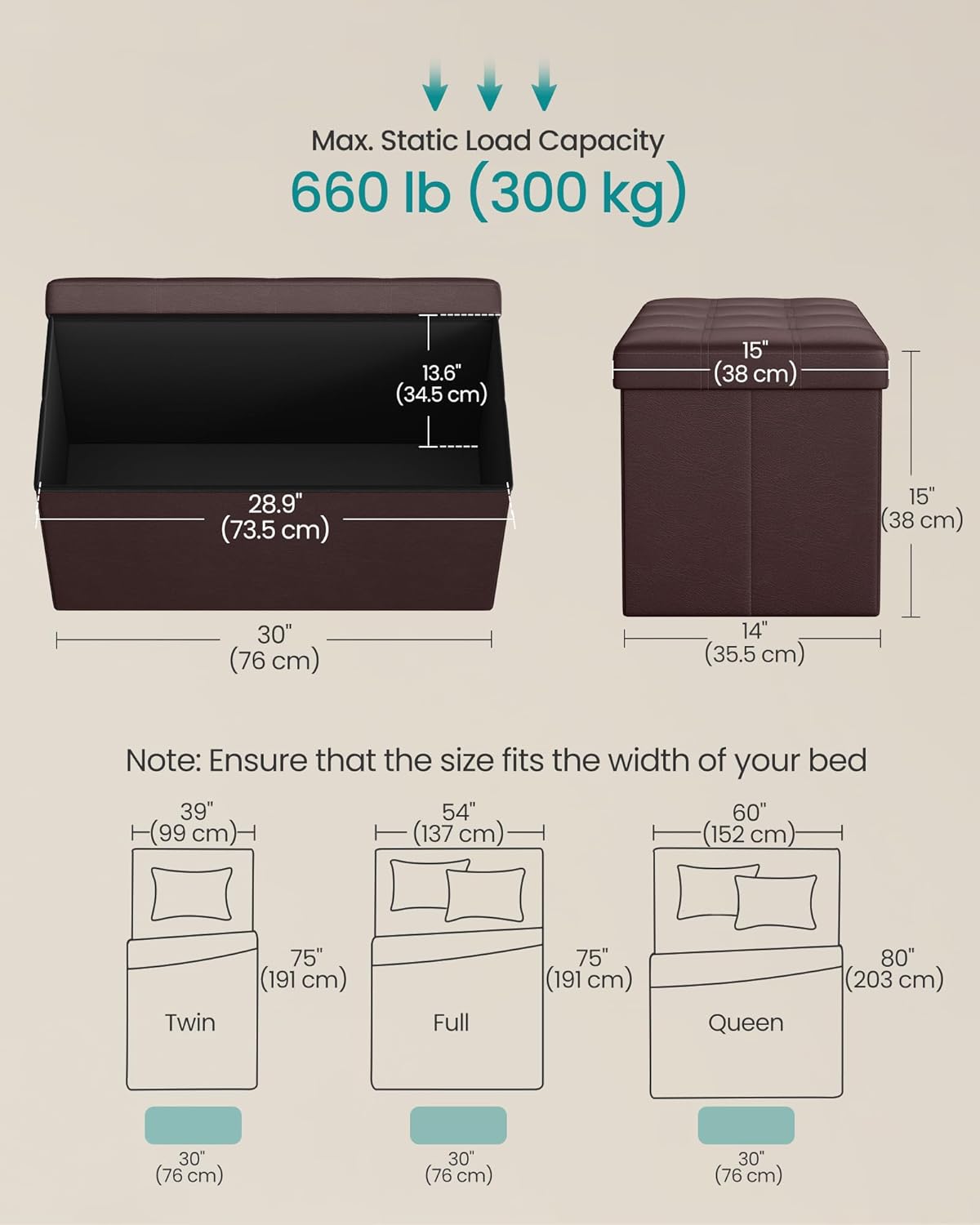 SONGMICS MAZIE Collection - 30 Inches Folding Storage Ottoman Bench, Ottoman with Storage, Foot Rest Stool, Load 660 lb, for Living Room, Synthetic Leather, Brown ULSF40Z