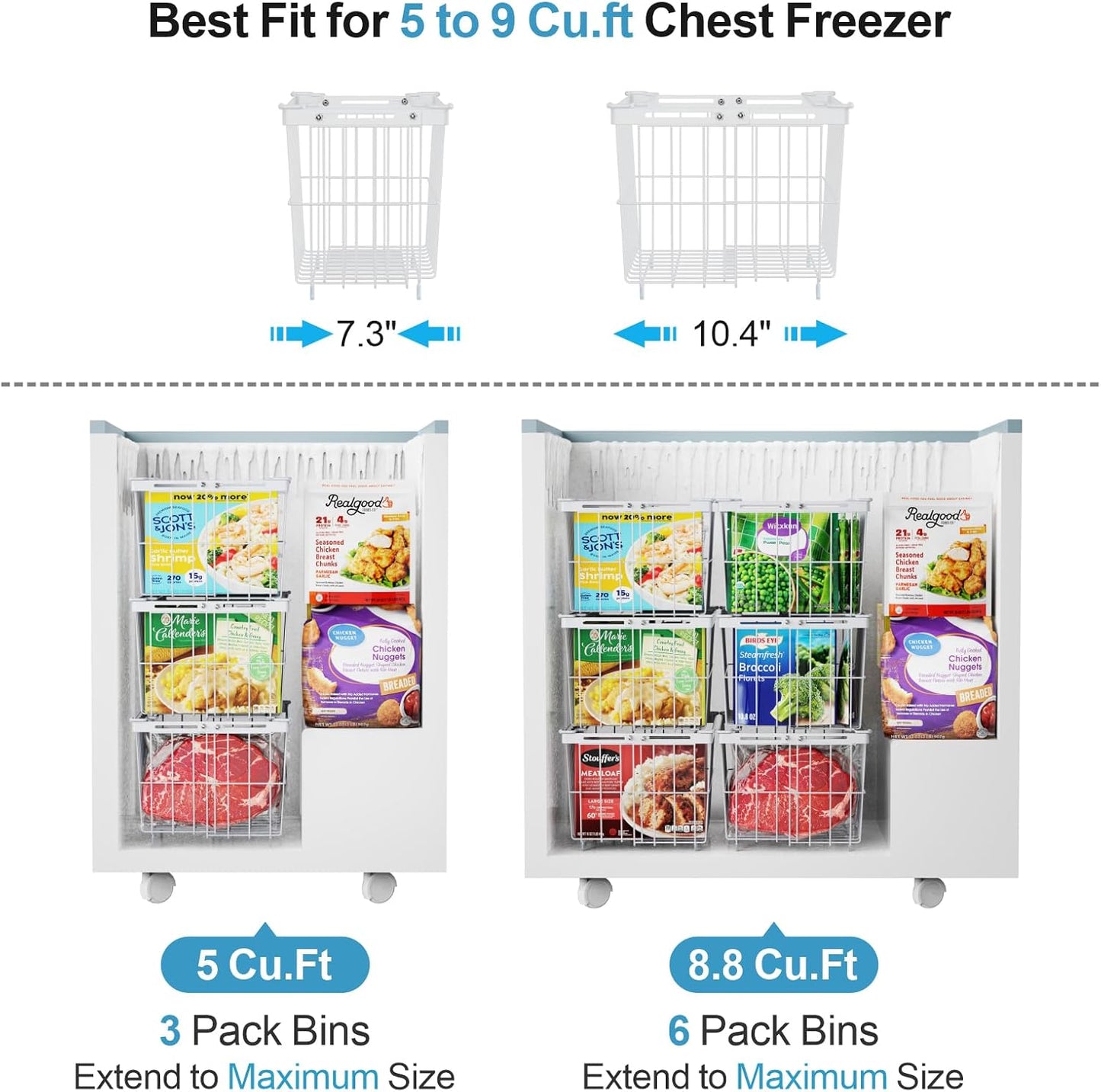 iSPECLE Freezer Organizer Bins - 3 Pack Adjustable Chest Freezer Organizer Bins for 5 to 9 Cu.Ft Deep Freezer, Extra Large & Easy Organize Basket Store More, Stackable No Wasted Space, White