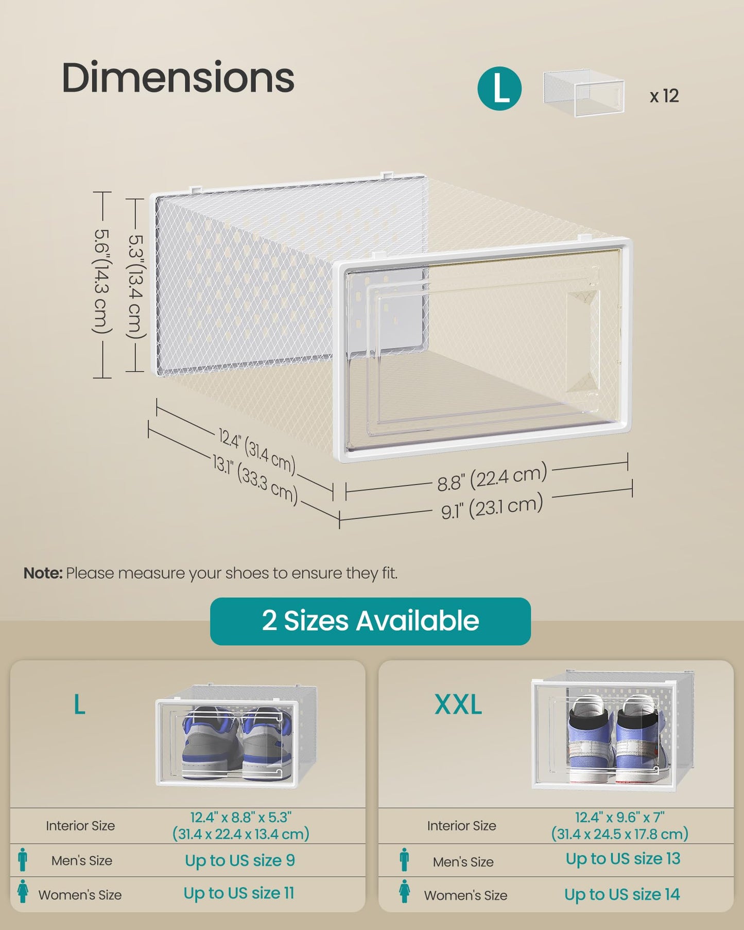 SONGMICS Shoe Boxes, Pack of 12 Shoe Storage Organizers, Stackable Clear Plastic Boxes for Closet