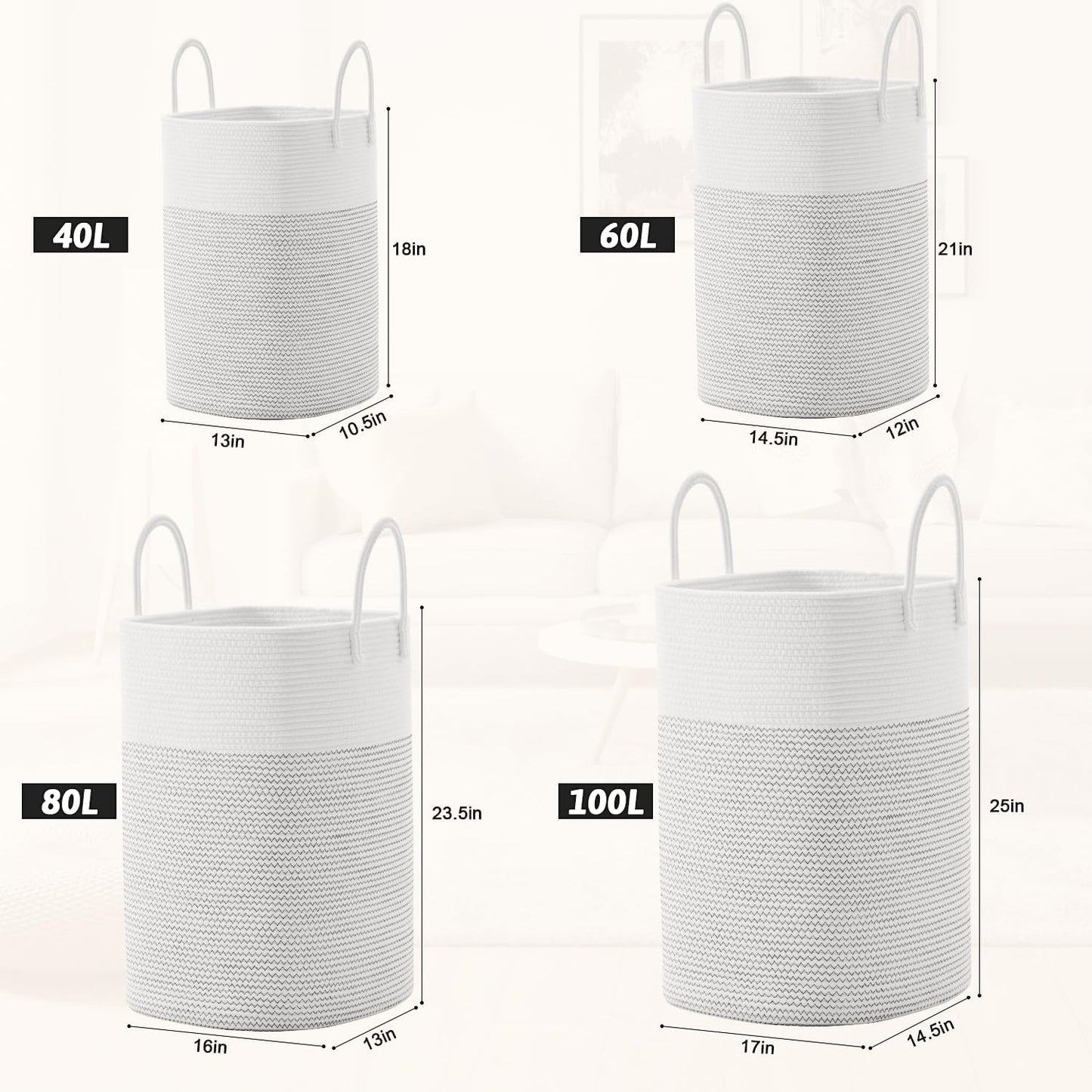 Laundry Basket,Woven Cotton Rope Laundry Hamper,Versatile Storage for Dirty Clothes,Baby Toys,and Blankets in Bathroom, Nursery,and Living Room (White, 60L)