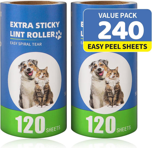 Extra Sticky Lint Roller Refills 2 Pack (240 Sheets) fit 3.8"-4" Standard Size Lint Roller Sticker with Inner Diameter at 1.5" for Pet Hair, Clothes, Furniture, Cars, No Handle Included
