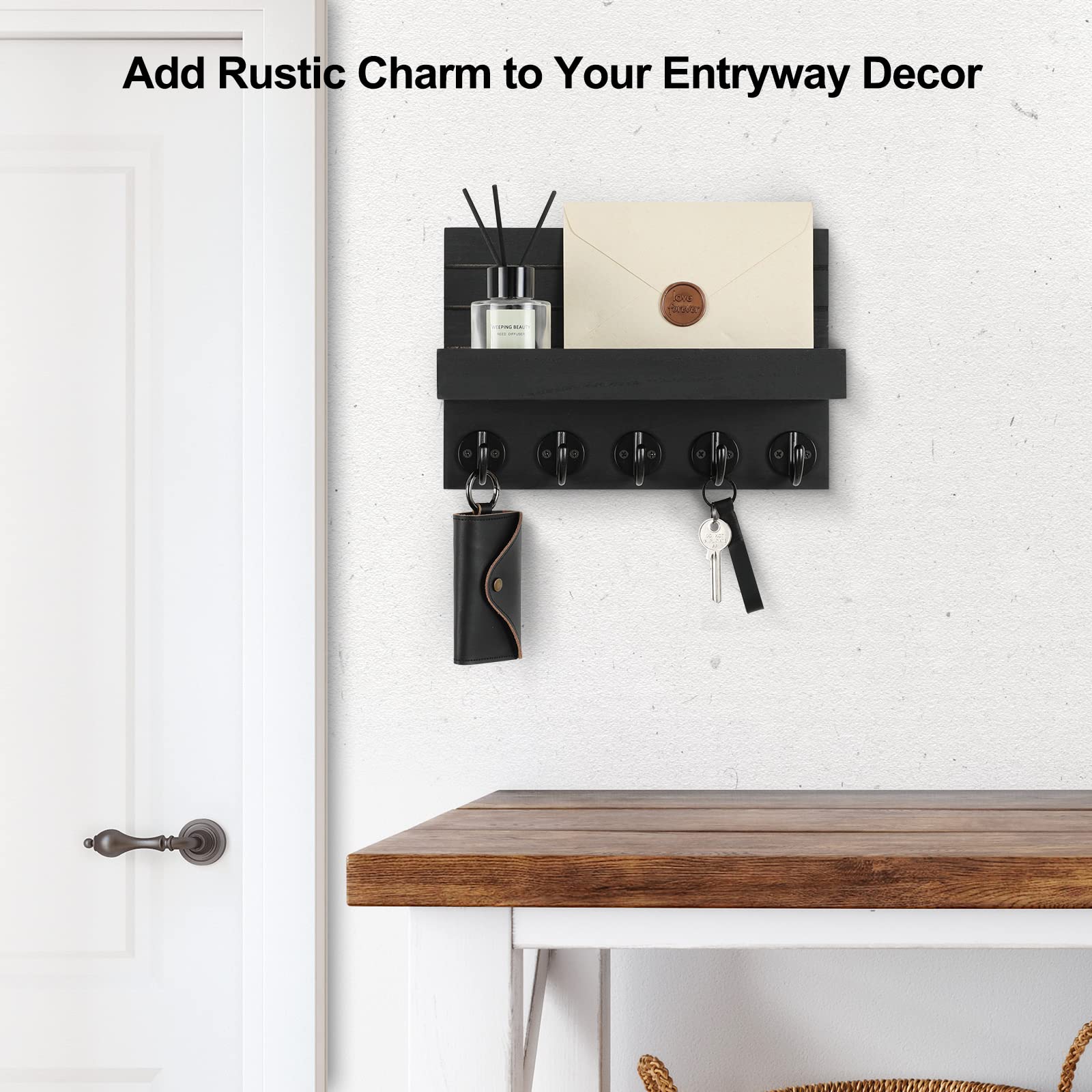 Lwenki Key Holder for Wall, Decorative Key and Mail Holder with Shelf Has Large Hooks for Bags
