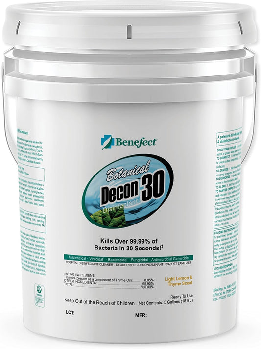 Benefect Botanical Decon 30 Disinfectant Cleaner, 5 Gallon, Light Lemon & Thyme Scent, Hospital Grade Disinfectant, Kills Over 99.99% of Germs, Safe for Food-Contact Surfaces