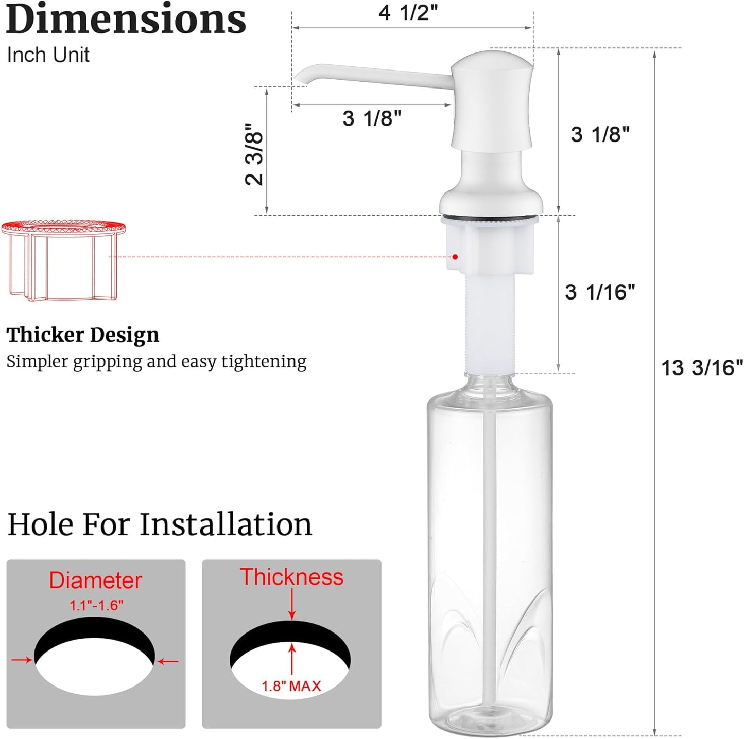 White Sink Soap Dispenser for Kitchen Sink (White), Built-in and Refill-from-Top Design with Liquid Hand & Dish Soap Bottle
