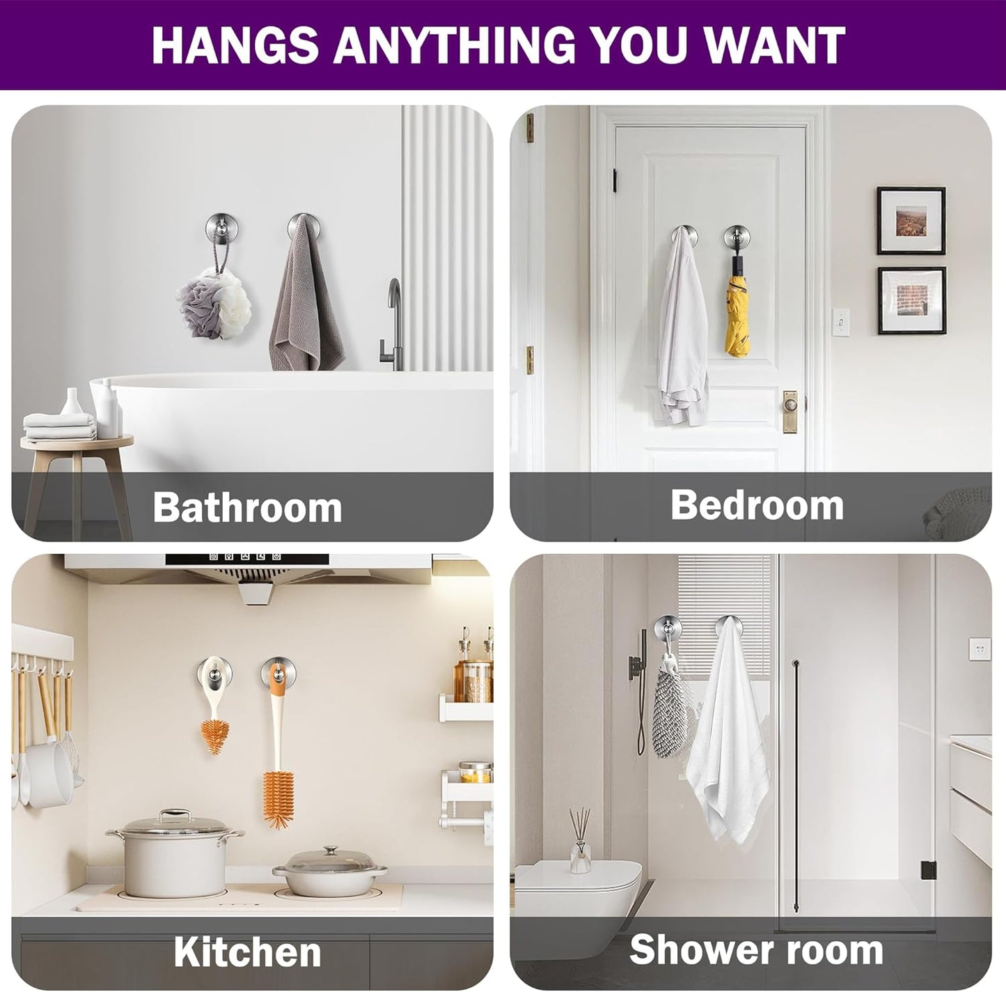 JOMOLA Brushed Stainless Steel Shower & Bathroom Hooks - No Drill Adhesive-Free Suction Cup Hardware, Rustproof Waterproof Metal Wall Mount for Towel Robe, Damage-Free (2-Pack)