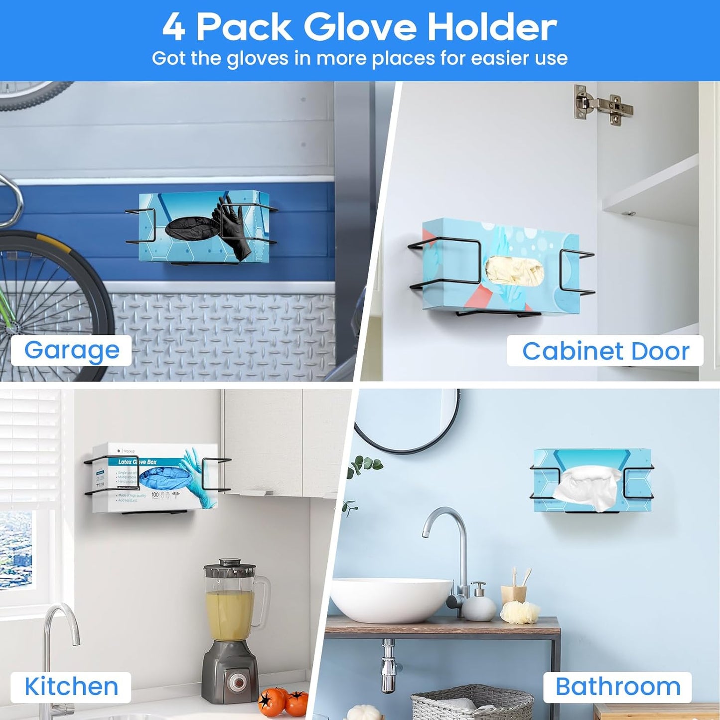 THYGIFTREE Glove Box Holder Wall Mount Dispenser, 4 Pack Metal Rack for Rubber Latex Disposable Gloves Facial Tissue, Black