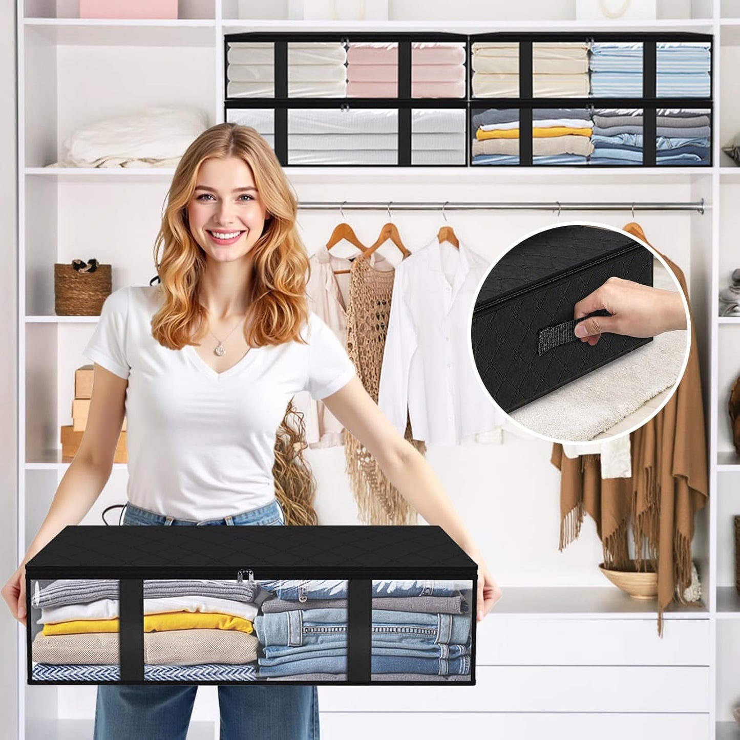 StorageRight Under Bed Storage Bins, 4-Pack 40L Foldable Fabric Storage Bags with Transparent Window, Breathable Organizer for Clothes/Blanket/Comforter/Quiltr, Black