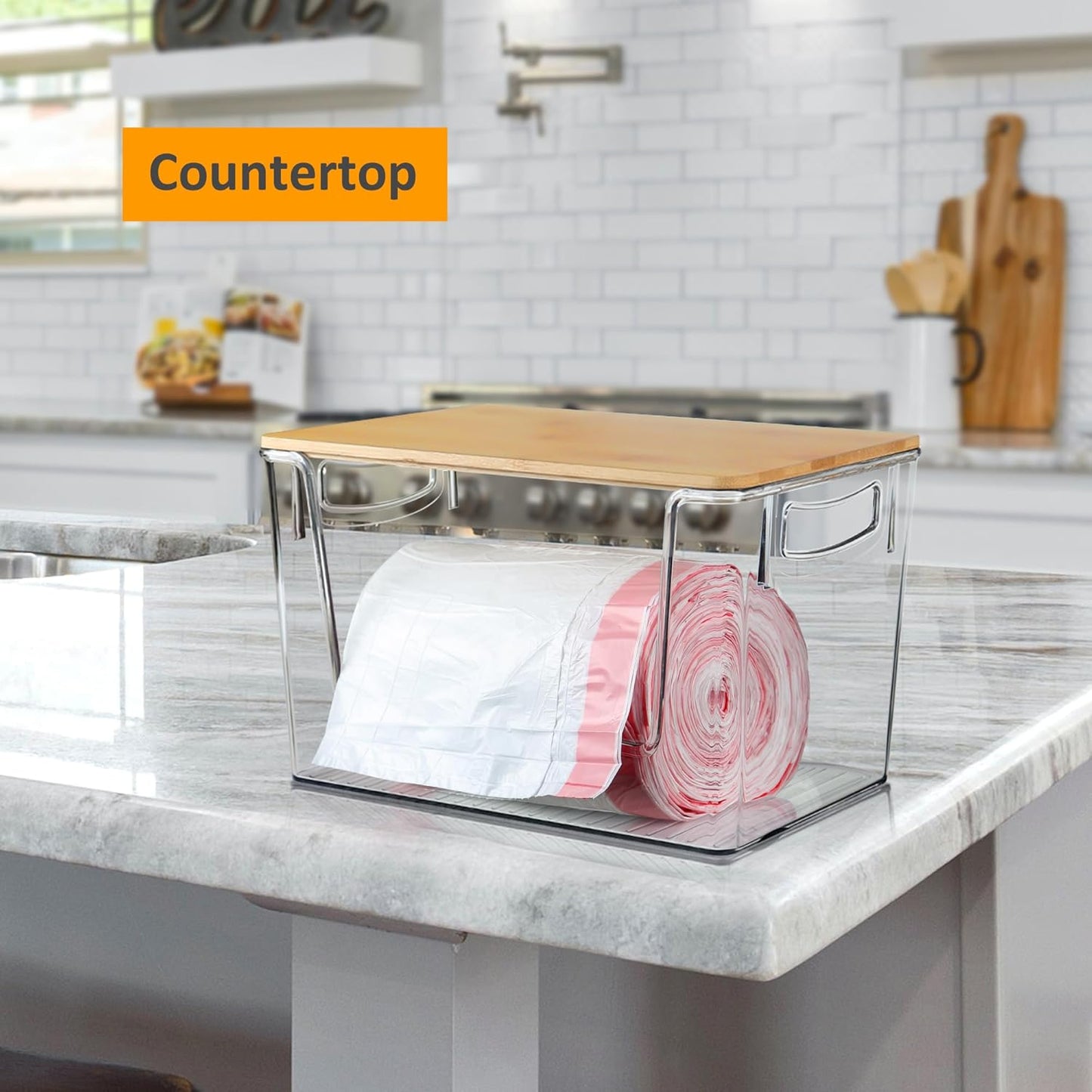 Hudgan Extra Large Trash Bag Holder Acrylic Trash Bag Dispenser Storage with Bamboo Top and Handles