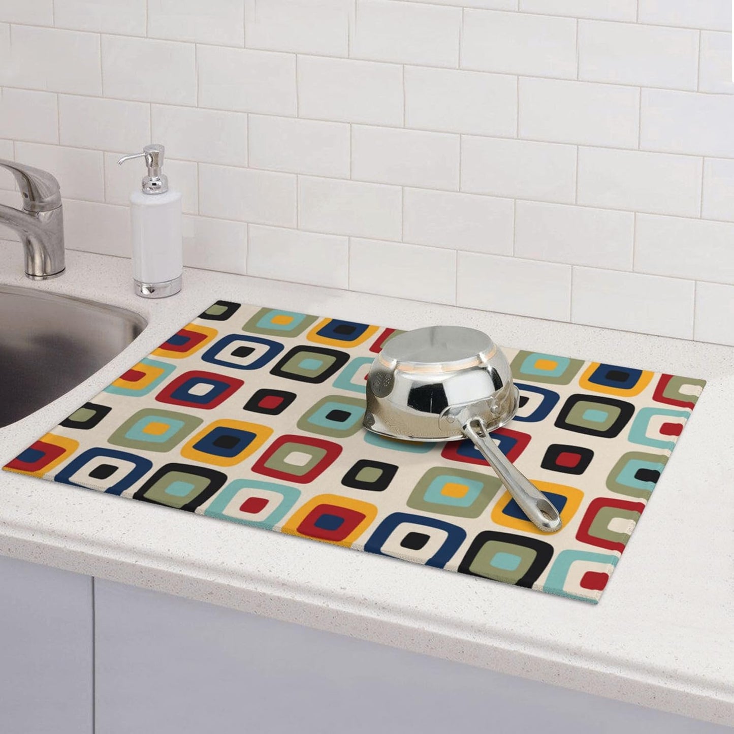 Mid Century Modern Retro Dish Drying Mat for Kitchen Counter Vintage Decorative Dish Drainer Rack Mats Washable Absorbent Reversible Microfiber Drying Pad Kitchen Accessories 18"x24"
