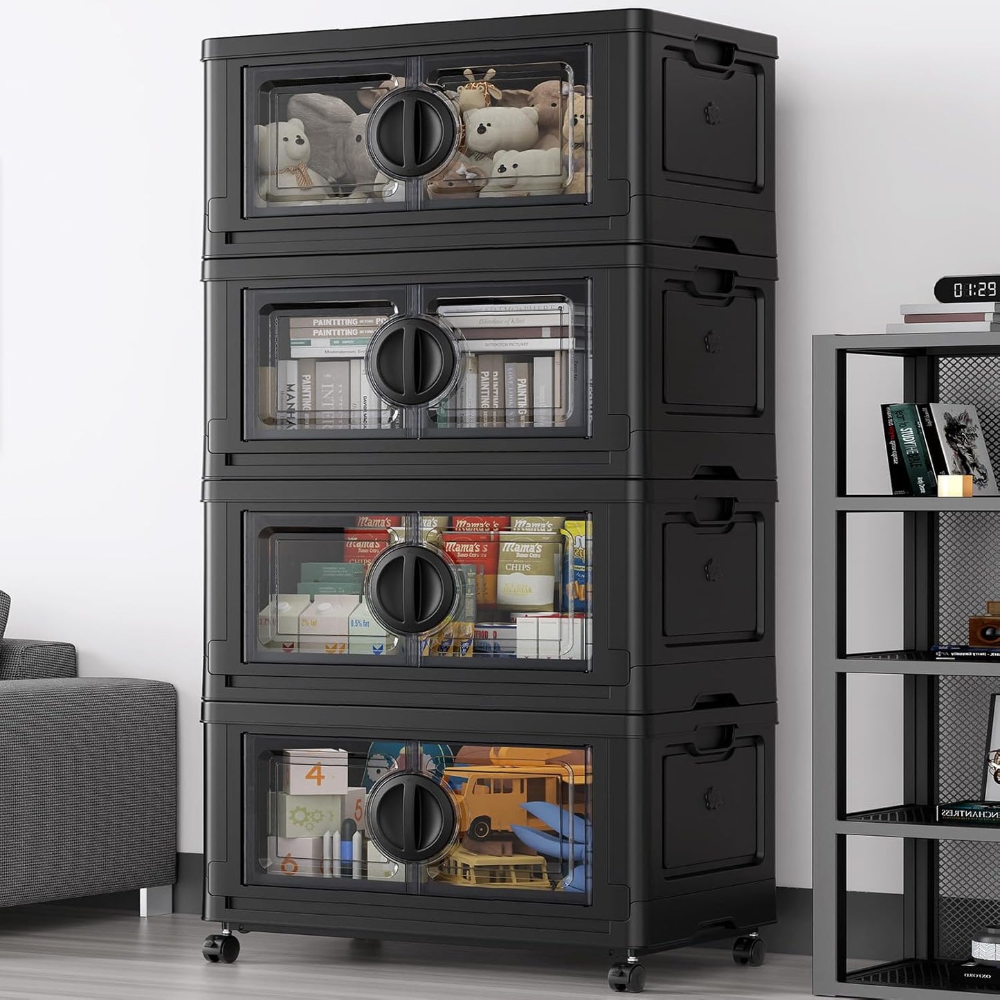 BROVIEW 480Qt Lockable Stackable Storage Bins with Lids, Closet Organizers and Storage Drawer, Collapsible Storage Bin with Wheels, Plastic Cabinet for Toy Clothes Dorm Organizer, V9 4 Pack Black