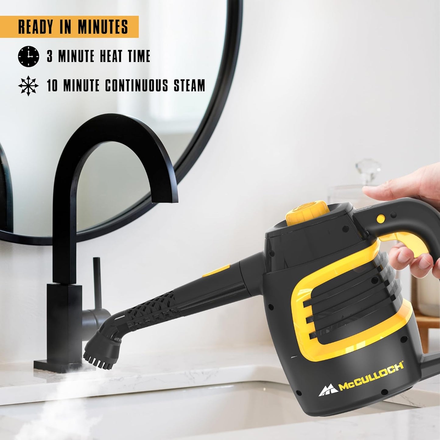 McCulloch MC1230 Handheld Steam Cleaner, 10 Minute Runtime, 11 Accessories: Jet Nozzle, Brushes, & More - Built for Home, Tile, Grout, Carpet, Furniture, & Personal Car Detailing
