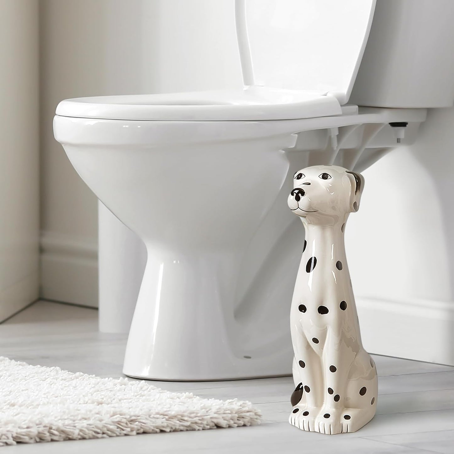Allure Home Creation Dalmatian Dog White & Black 2-Piece Ceramic Toilet Brush Holder w/White Plastic Handled Scrub Brush, 9.4” x 5.3” x 16.7”