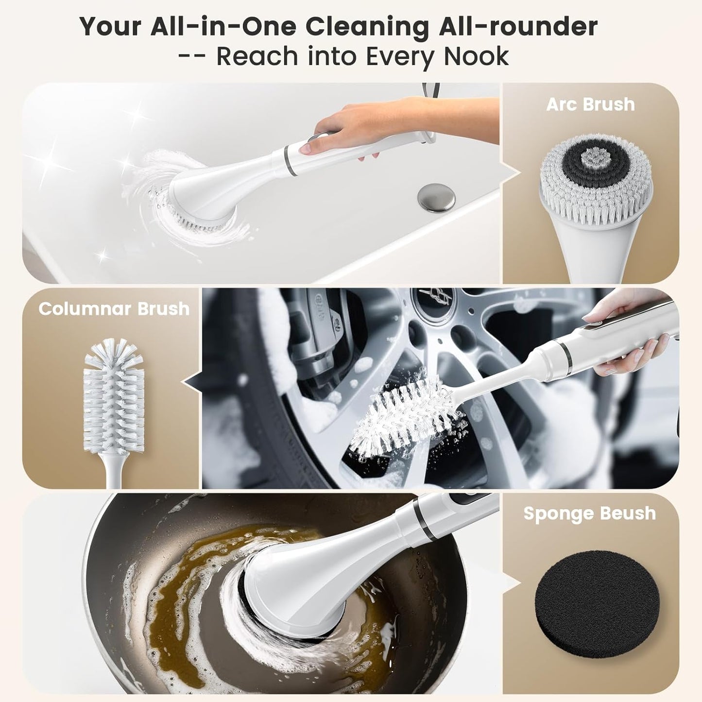 Electric Spin Scrubber Brush - Rechargeable Cordless Cleaning Brush with Full-Body IPX7 Waterproof, 6 Interchangeable Heads & 2-Speed Modes for Bathroom, Kitchen, Tile