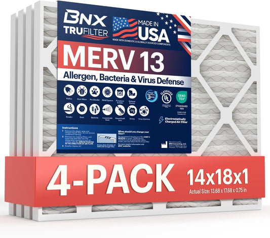 BNX TruFilter 14x18x1 MERV 13 (4-Pack) AC Furnace Air Filter - MADE IN USA - Electrostatic Pleated