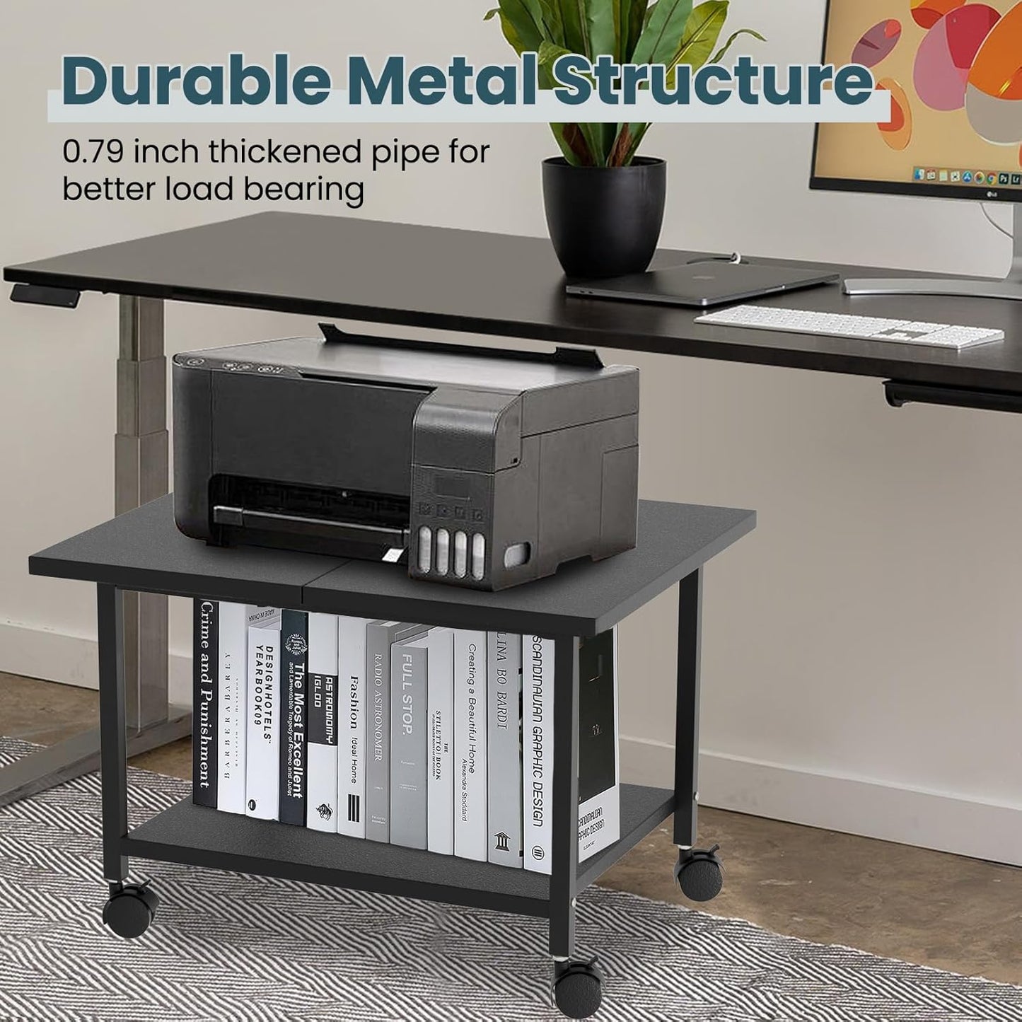 Printer Stand with Storage Under Desk Shelf, Desktop Printer Stand Organizer, Rolling Printer Cart Storage Paper Files Holder for Desk, Office, Home, (Black)