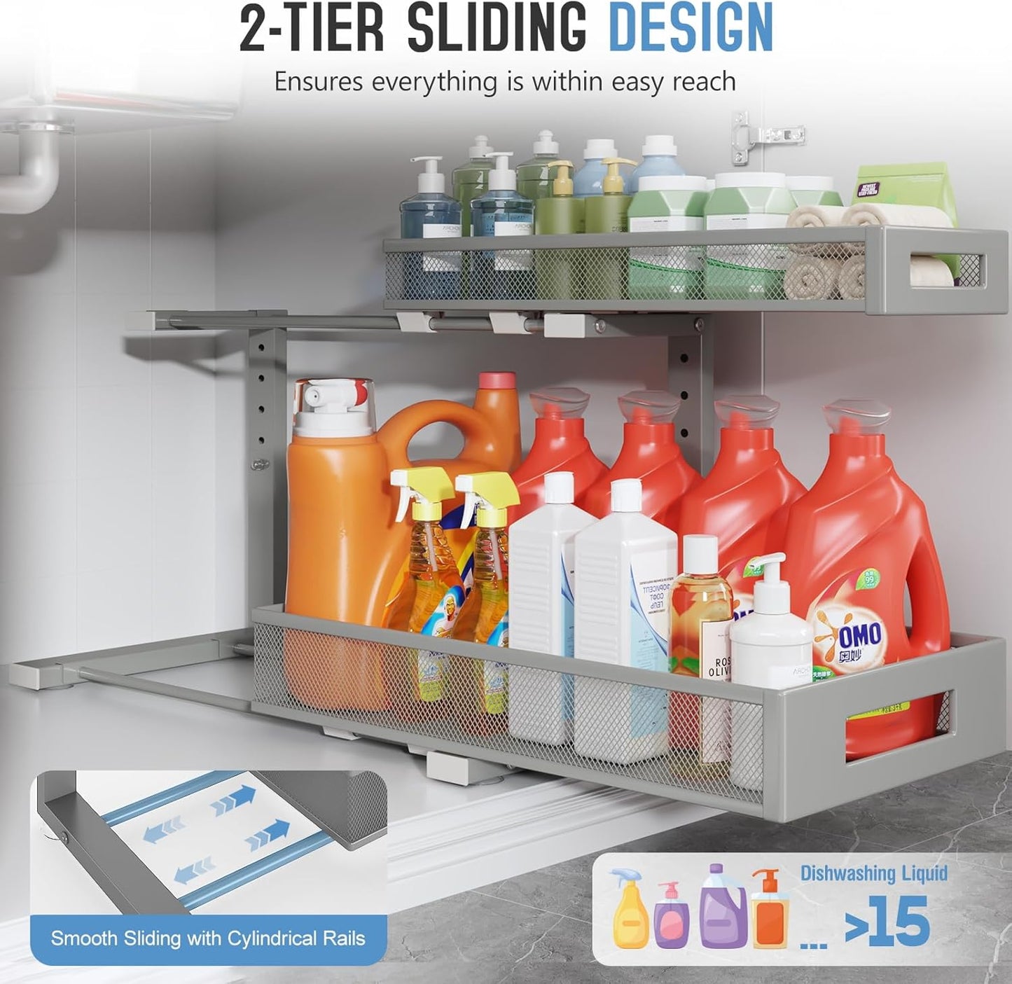 2 Pack 19IN Depth Under Sink Storage Organizer, Large 2-Tier Elegant Mesh Pull Out Shelf for Kitchen and Bathroom Cabinet Organization, L-Shaped and Adjustable Height Design-Gun Gray
