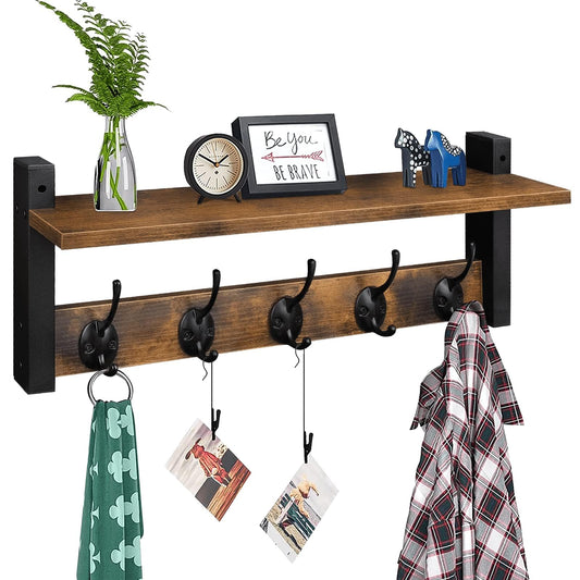 Homode Wall Hooks with Shelf, Wood Coat Rack with Shelf Wall-Mounted, Entryway Hanging Shelves with