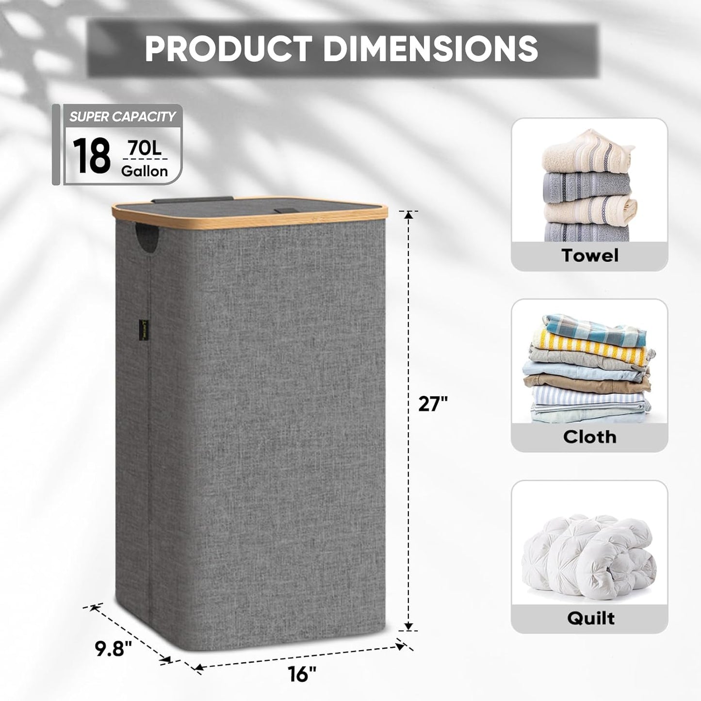 BALEINE Laundry Hamper with Lid, Tall Laundry Baskets with Bamboo Pull Handles, Large Laundry Bin with Internal Support (18 Gal/70L, Grey)