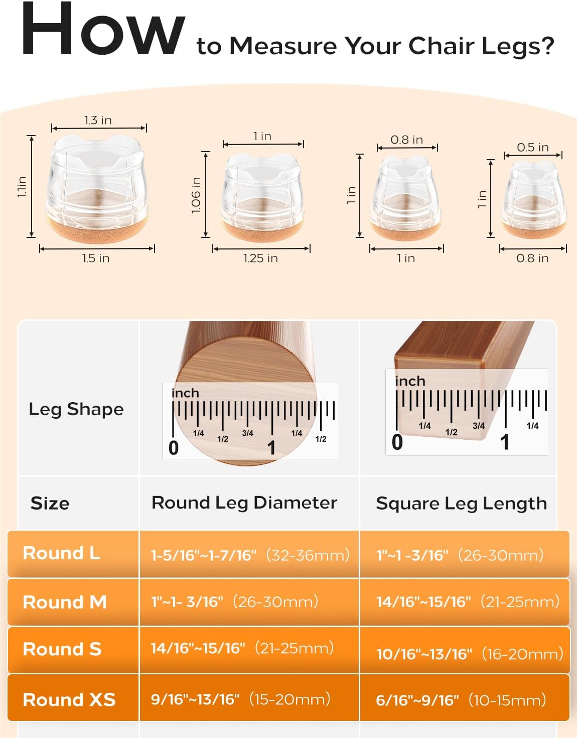 24-Pack Silicone Chair Leg Floor Protectors for Hardwood Floors -Felt Furniture Pads, Rubber Chair Leg Covers/Caps - Noise Reducing & Scratch-Proof - Round XS (Fits 9/16"-13/16" / 15-20mm), Clear