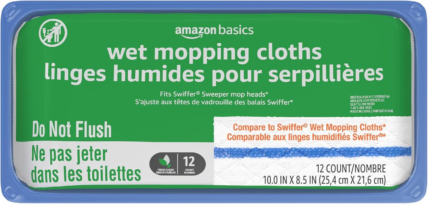 Amazon Basics Wet Mopping Cloth Refills, 12 Count (Fits Swiffer Sweeper Mop Heads)