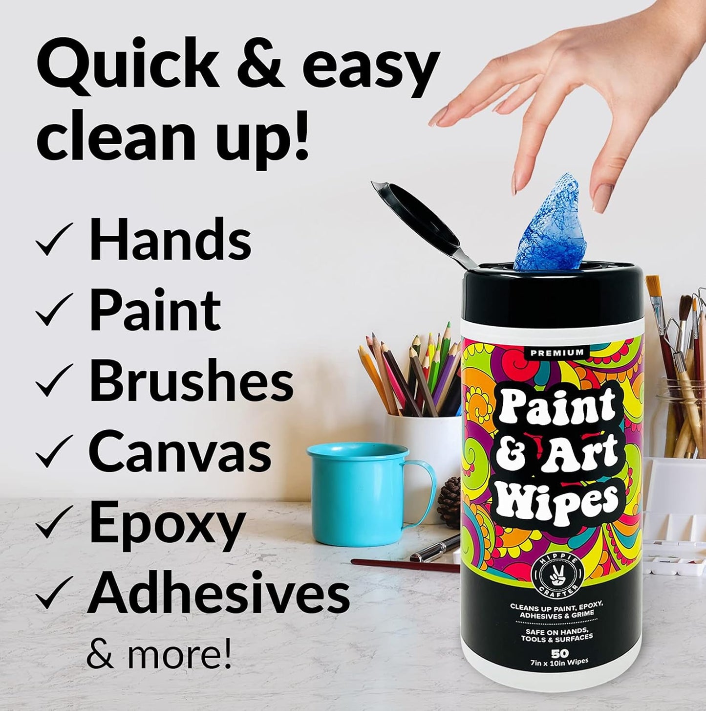 Paint and Art Wipes, Heavy-Duty Cleaner for Paint, Epoxy, Glue, Latex & Acrylic Stains, 2 Pack (50 Wipes Each), Safe for Hands, Brushes, Plastic, Metal, Wood & Floors