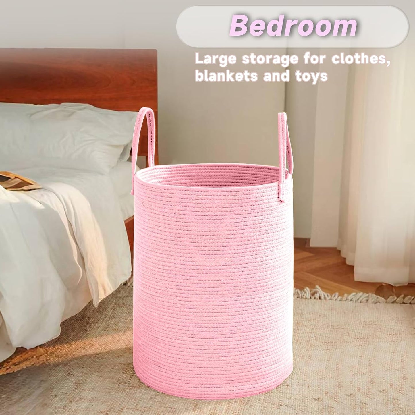 Large Woven Laundry Basket Hamper,80L Cotton Rope Storage Bin for Blankets,Toys and Clothes,Decorative Tall Nursery Hamper for Living Room,Baby Nursery,Bathroom and Bedroom,Pink