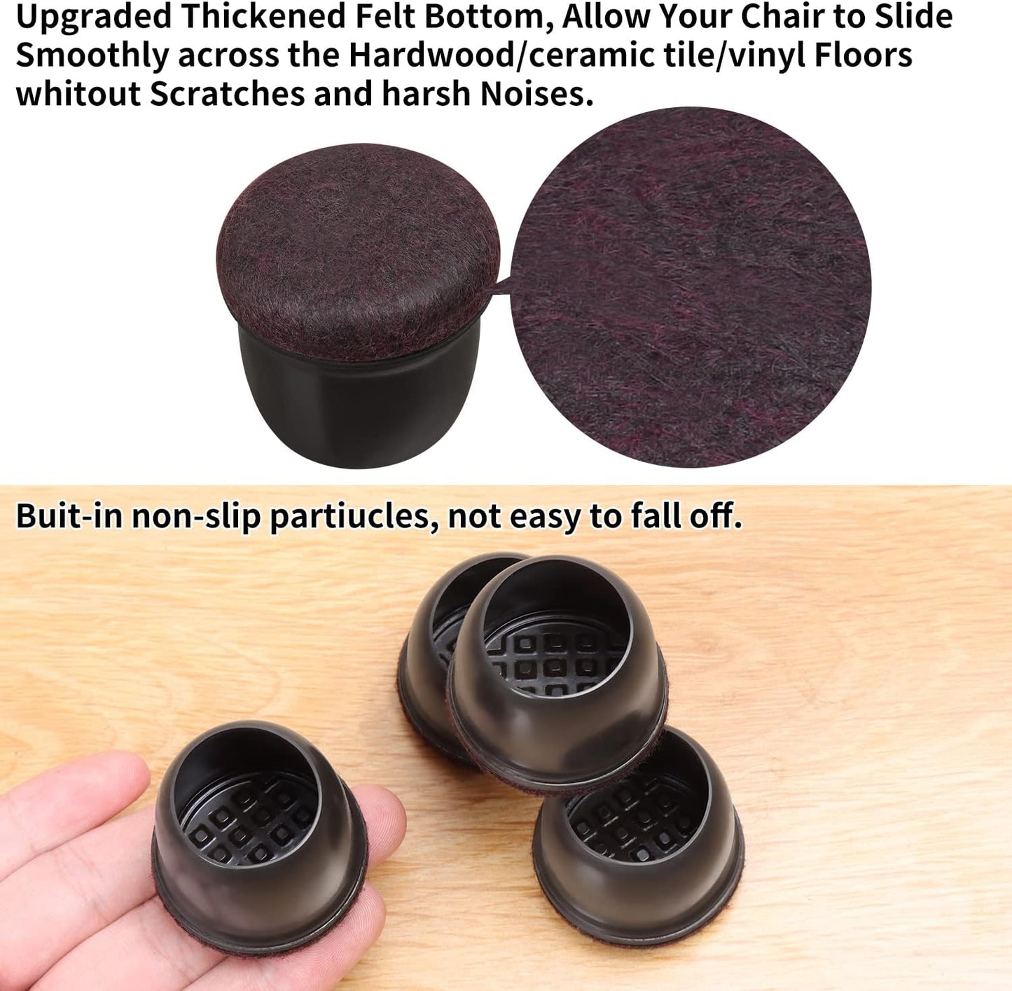 Ezprotekt 24 Pcs Round Silicone Chair Leg Floor Protectors with Felt, Floor Protectors for Chairs, Felt Furniture Pads Cups for Hardwood Floors, Chair Leg Caps Covers (M Fit: 0.87"-1", Black)