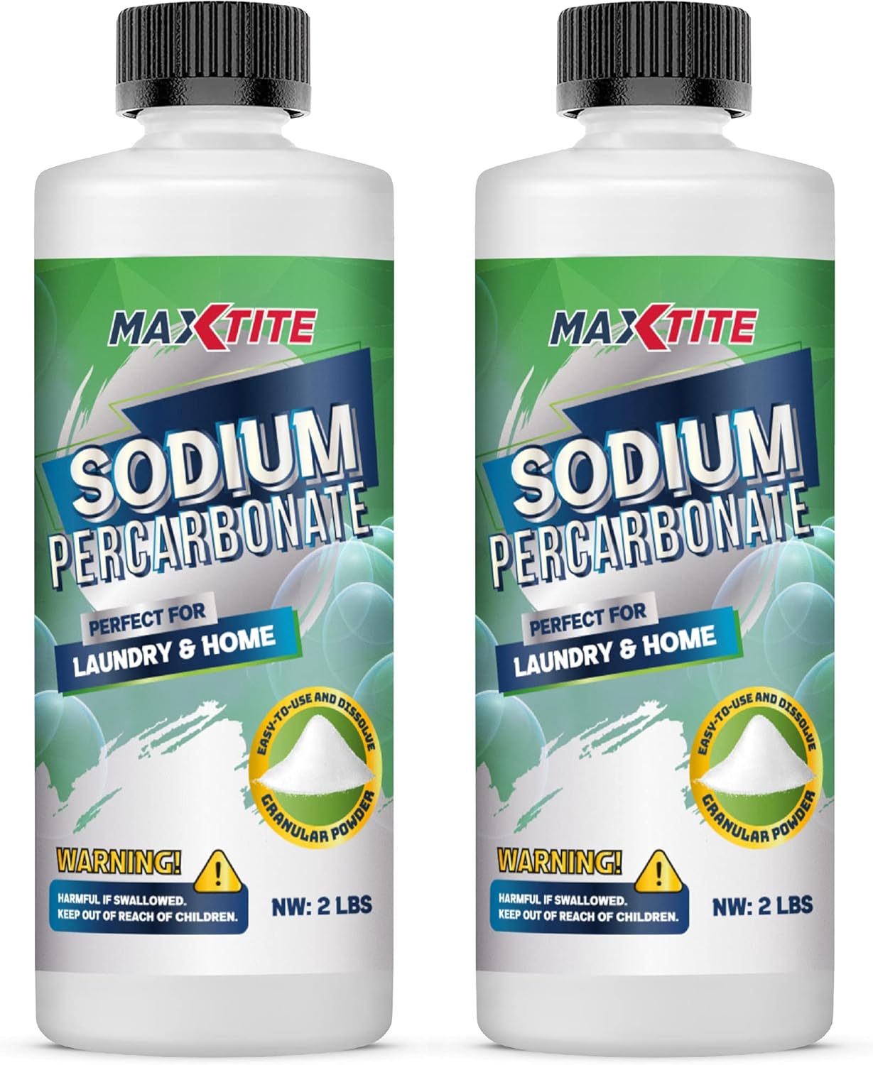 MAXTITE Sodium Percarbonate (4 lbs total - 2 pack of 2 lbs bottles) - 100% Pure - Solid Hydrogen Peroxide/Oxygenated Bleach - Multi-Use Cleaner for Home & Laundry, Resealable Child Resistant Cap