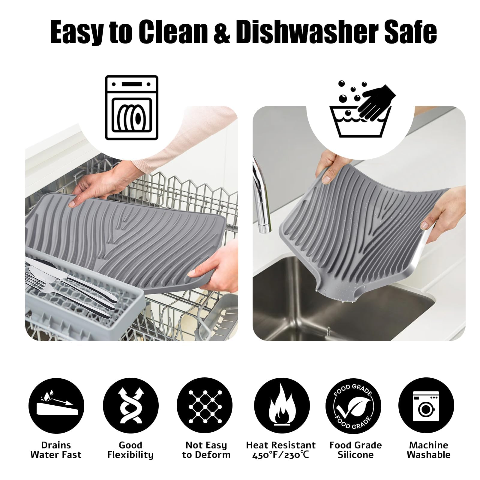 TIKNIK Silicone Dish Drying Mat for Kitchen Counter, Grey-1pcs, 16" x 12"