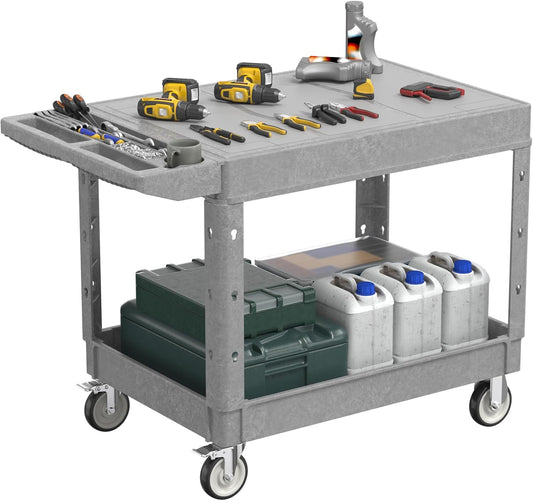 Large Garage Flat Top Utility Cart, Heavy Duty 2 Shelf Tool Cart Service Cart Rolling Push Carts