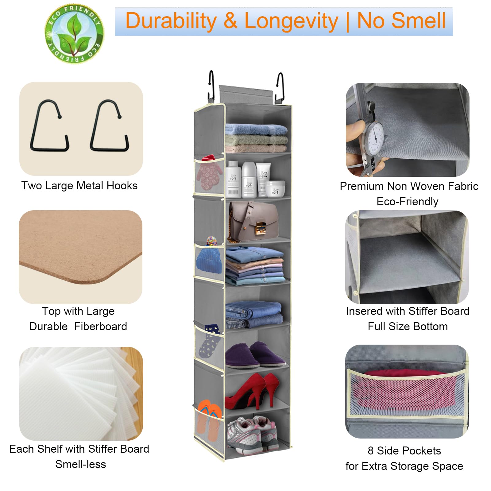 roomtalk Large-Sized Hanging Shoe Organizer 8-Shelf, Hanging Closet Organizer with 8 Side Pockets