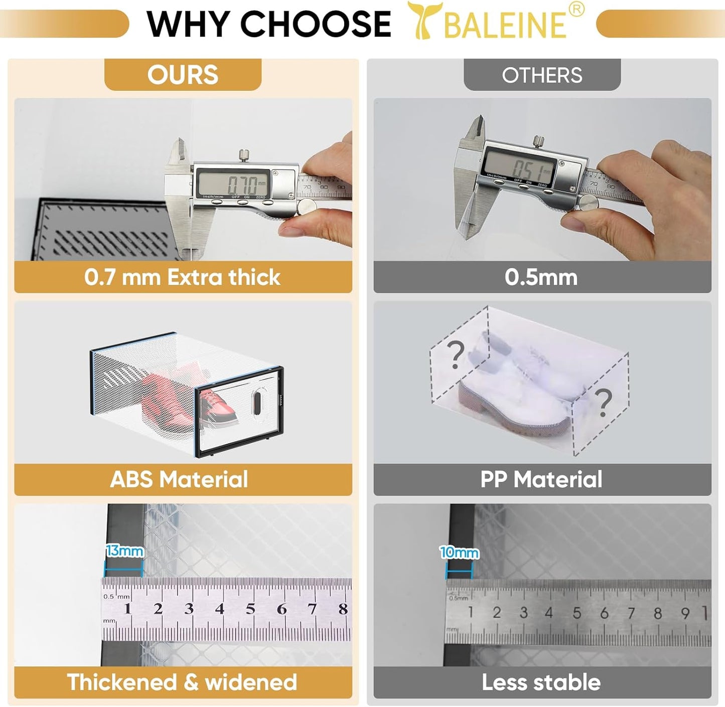 BALEINE 3 Pack Stackable Shoe Storage Boxes Fit Size 9, Thickened Clear Shoe Box Bins with Lids, Plastic Foldable Shoe Rack Organizer Sneaker Storage Containers (Large, White)