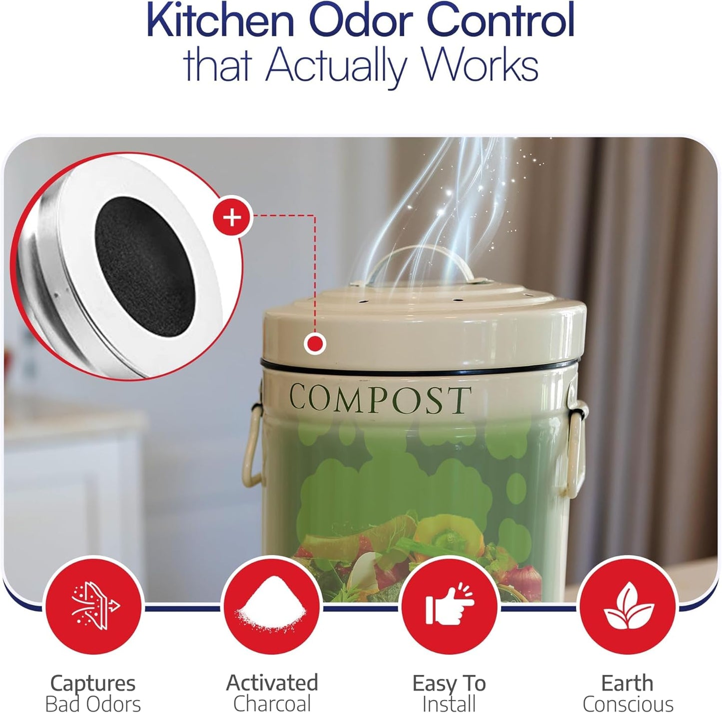 BioStrike Activated Carbon Filter Discs for Kitchen Compost Bin - Odor-Absorbing Charcoal for Compost Bucket - Natural Smell Eliminators (3 Count)