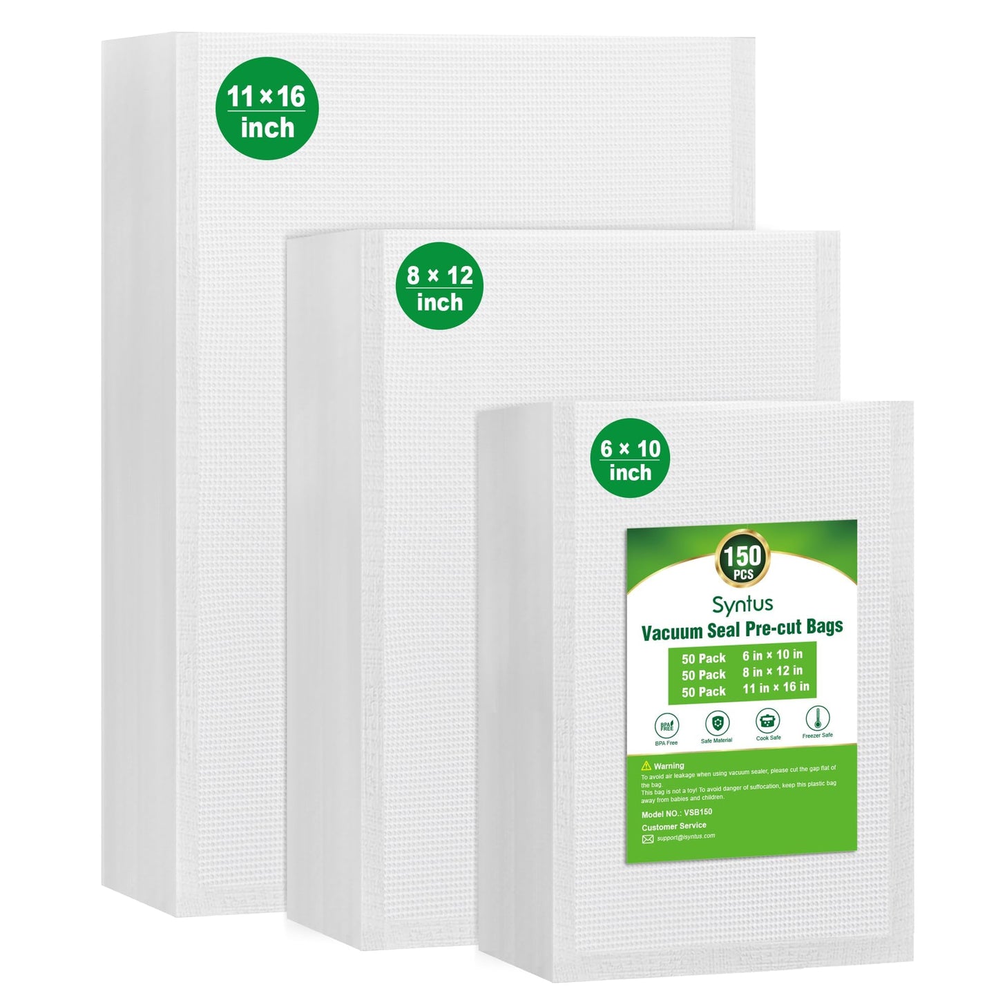 Syntus 150 Pcs Vacuum Sealer Bags for Food, 8x12+11x16+6x10, BPA Free