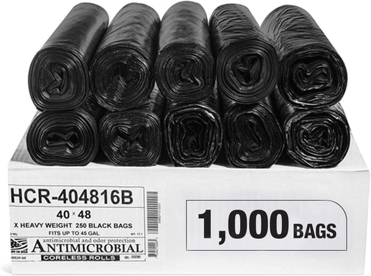 Aluf Plastics High Density Trash Bags, 45 Gallon, 1000 Count, 16 Micron (eq), 40" x 48", Black, for Bathroom, Office, Industrial, Commercial, Janitorial, Municipal, Recycling