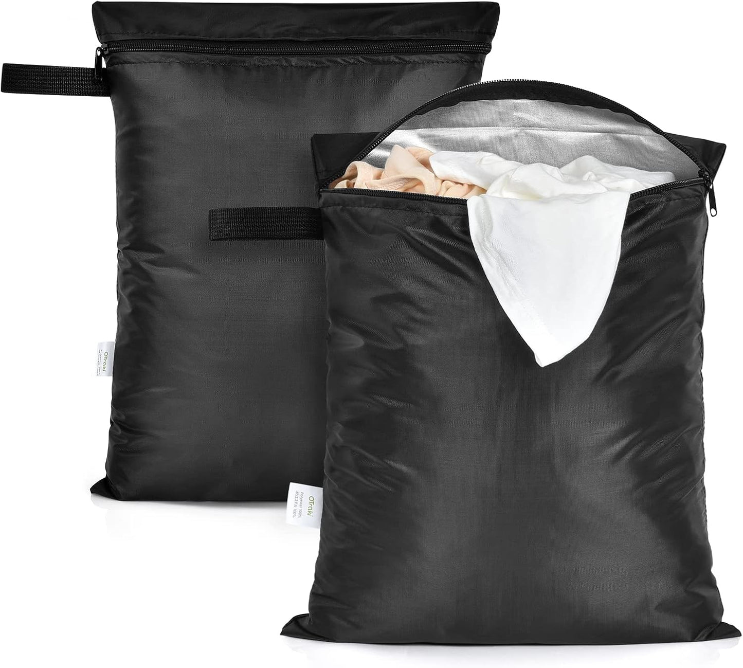 OTraki 12x16 inch Wet Bag 2Pcs Waterproof Swim Bag for Wet Clothes Small Swimsuit Dirty Clothes Laundry Bag Travel Machine Washable for Gym Beach Pool, Oxford Cloth with Handle & Zippered, Black