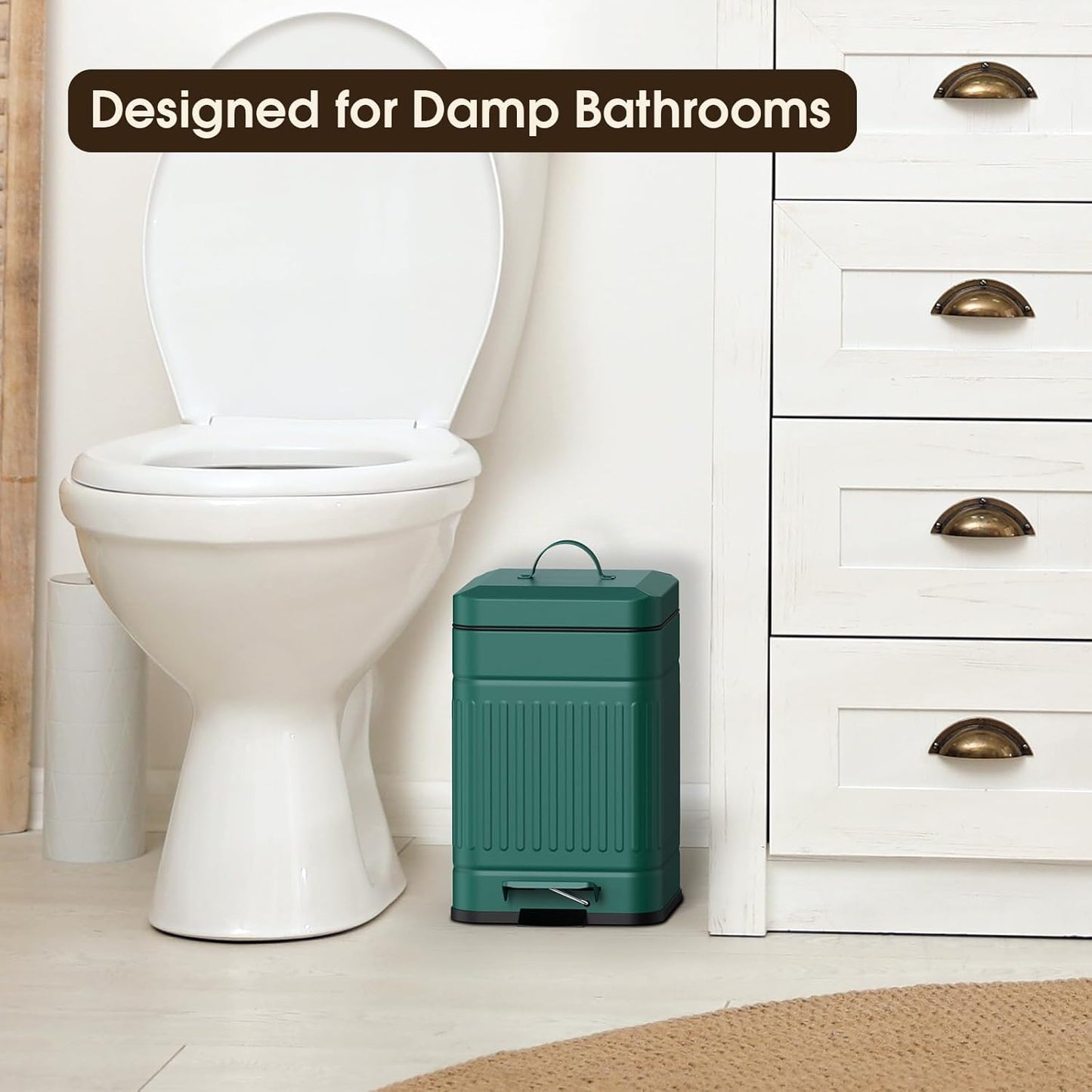 CEROELDA Small Trash Can with Lid-5L/1.3 Gal,Stainless Steel Outdoor Dog Poop Garbage Can-Farmhouse Retro Metal Waste Bin w/Step Pedal for Bathroom Bedroom Office-Soft Close-Green