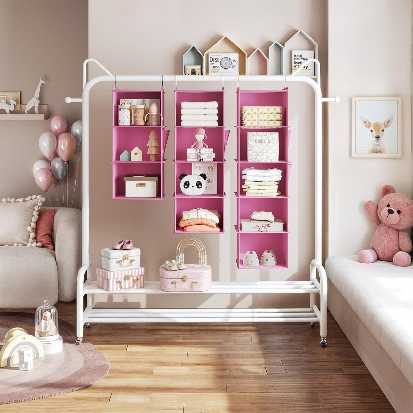 YOUDENOVA Hanging Closet Organizer, 4-Shelf Closet Hanging Storage Shelves, Light Pink