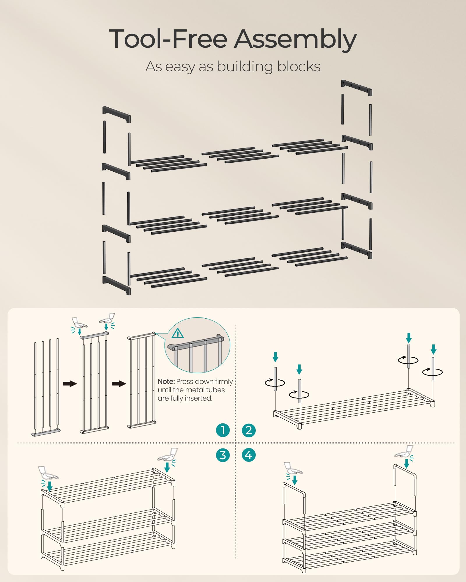 SONGMICS Shoe Rack, 3-Tier Shoe Organizer, Metal Storage Shelf, Upright or Upside Down, for 16-20
