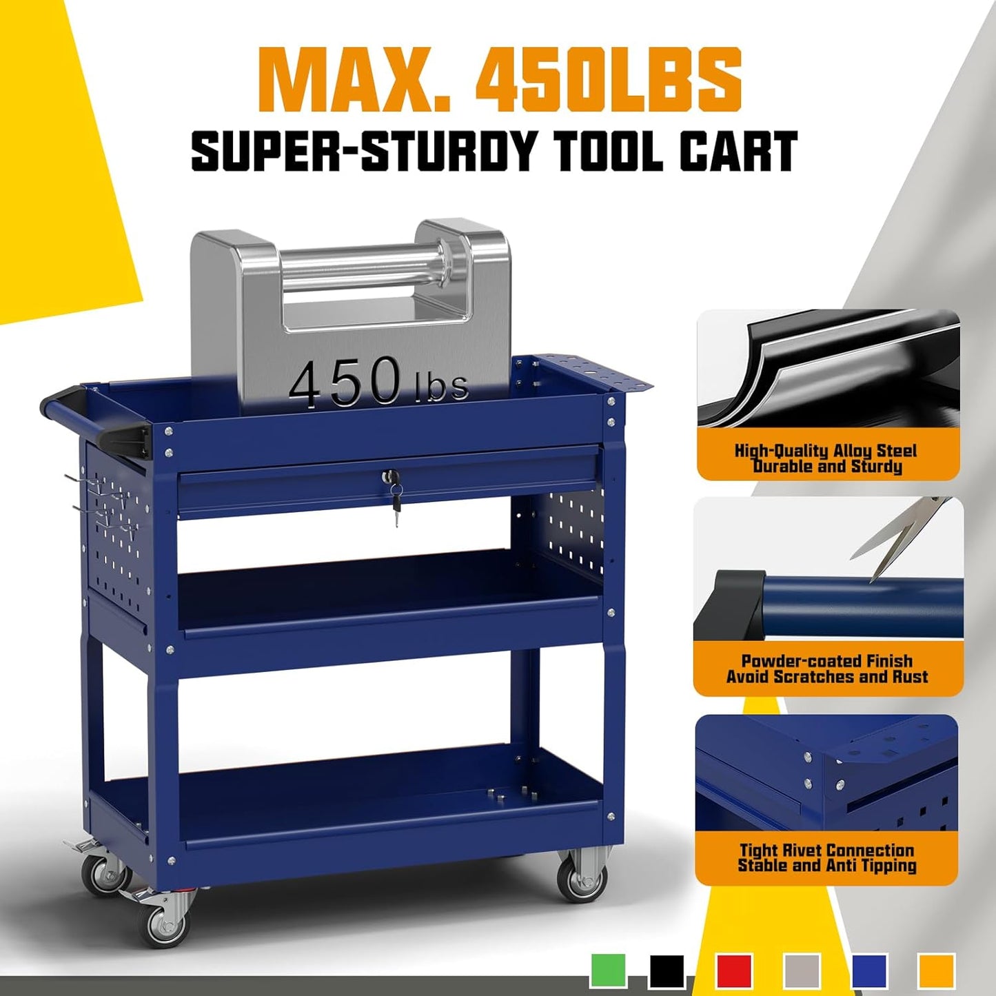3 Tier Rolling Tool Cart with Drawers, 450 LBS Capacity Tool Cart on Wheels, Heavy Duty Rolling Utility Cart with Drawers, Rolling Utility Carts for Garage, Warehouse and Repair Shop,Blue