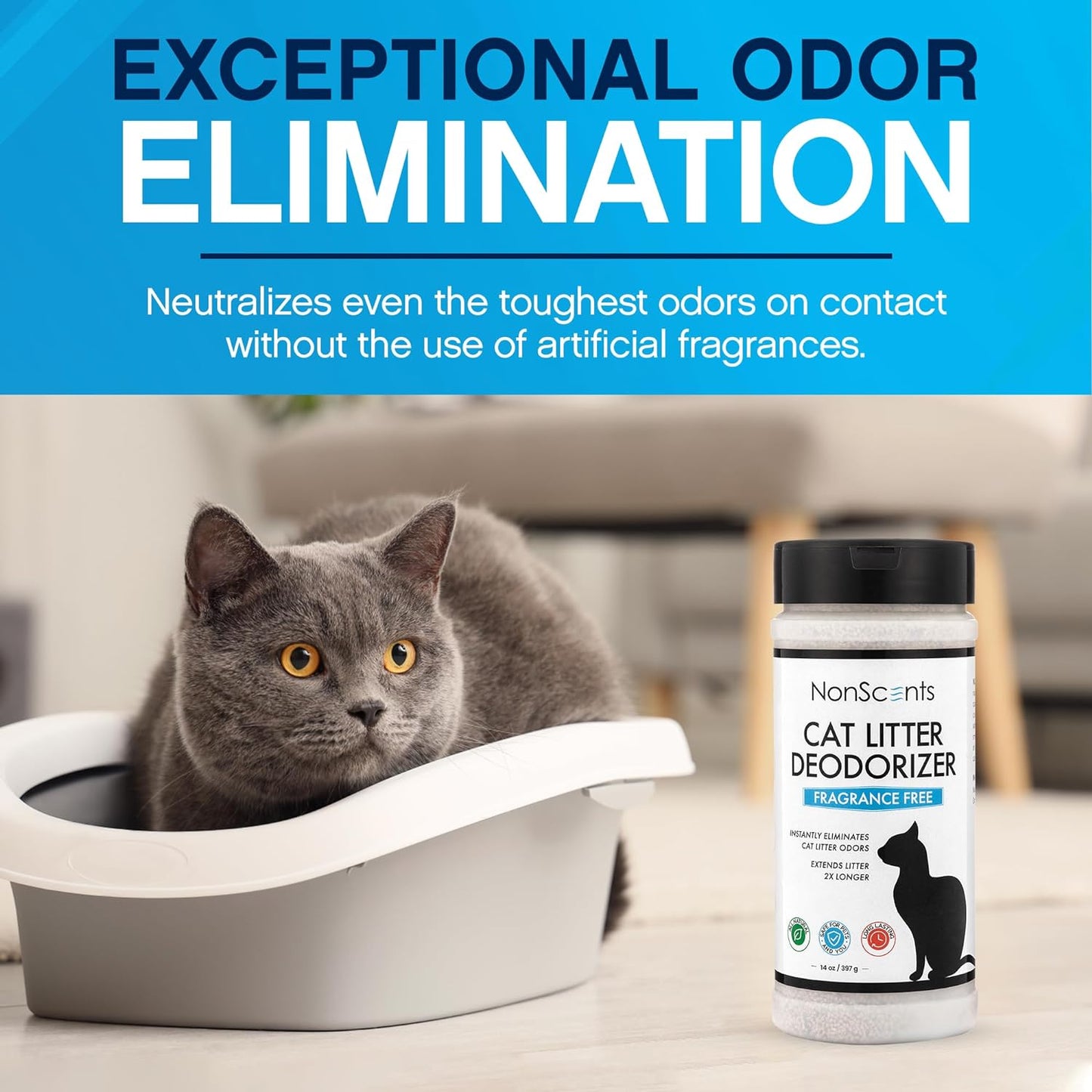 NonScents Cat Litter Deodorizer - Litter Box Odor Eliminator - Less Scooping Extends Kitty Litter Lifespan - Fragrance-Free Formula Eliminates Unpleasant Cat Odors - Fresh Scent Litter Pans (4-Pack)