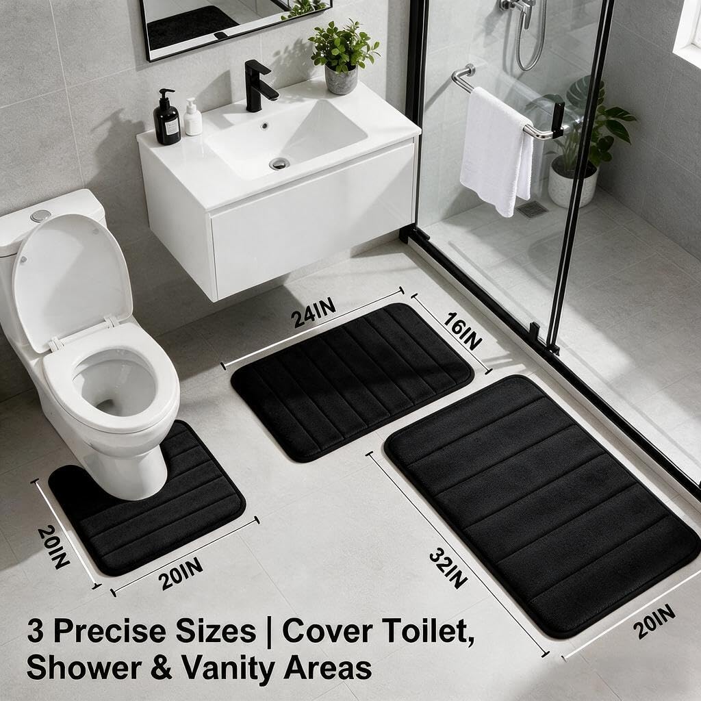 Bathroom Rugs Set Memory Foam Bath Rugs Non-Slip Bath Mat Set 3 Piece,Washable Bathroom