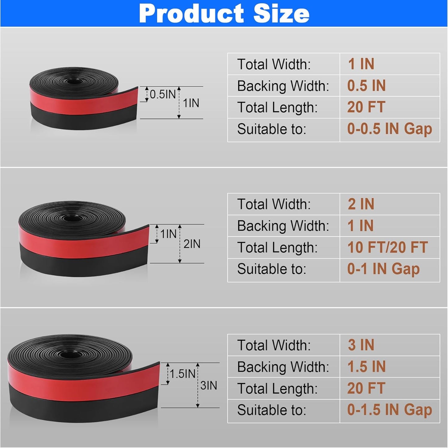 ToLanbbt Weather Stripping Silicone Door Seal Strip 3 in x 20 ft Door Draft Stopper Self Adhesive Tape, Side & Bottom Gaps Insulation Strip for Glass Shower Sliding Window, Black