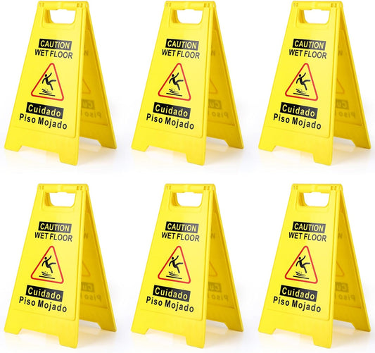 6-Pack Caution Wet Floor Sign,17.5" Height,Bright Yellow Double-Sided Folding A-Shaped Frame