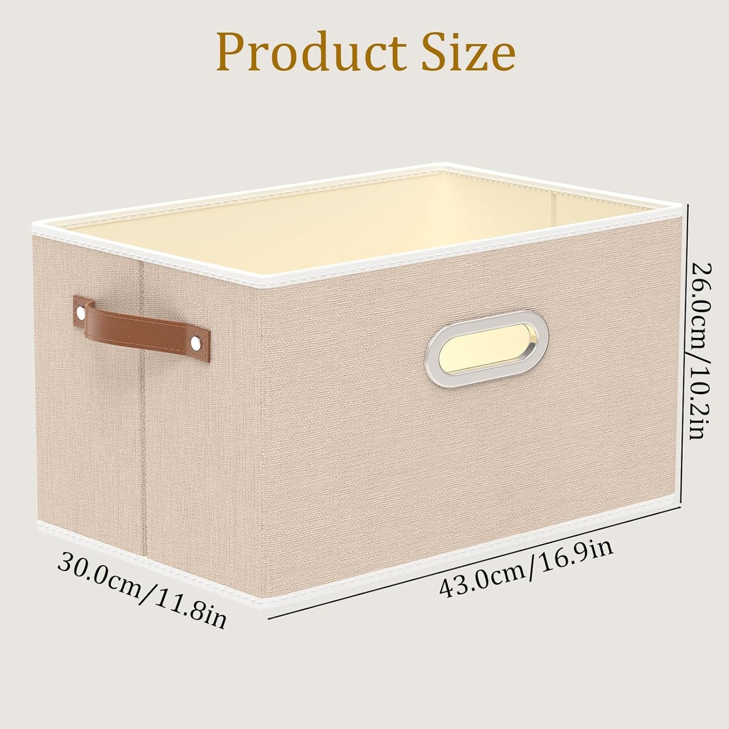 Yawinhe Fabric Storage Bins with Handles, Foldable Baskets for Shelves, Cubes with 3 Handles, Large Boxes for Clothes, Beige, 16.9''Lx11.8''Wx10.2''H, 4-Pack