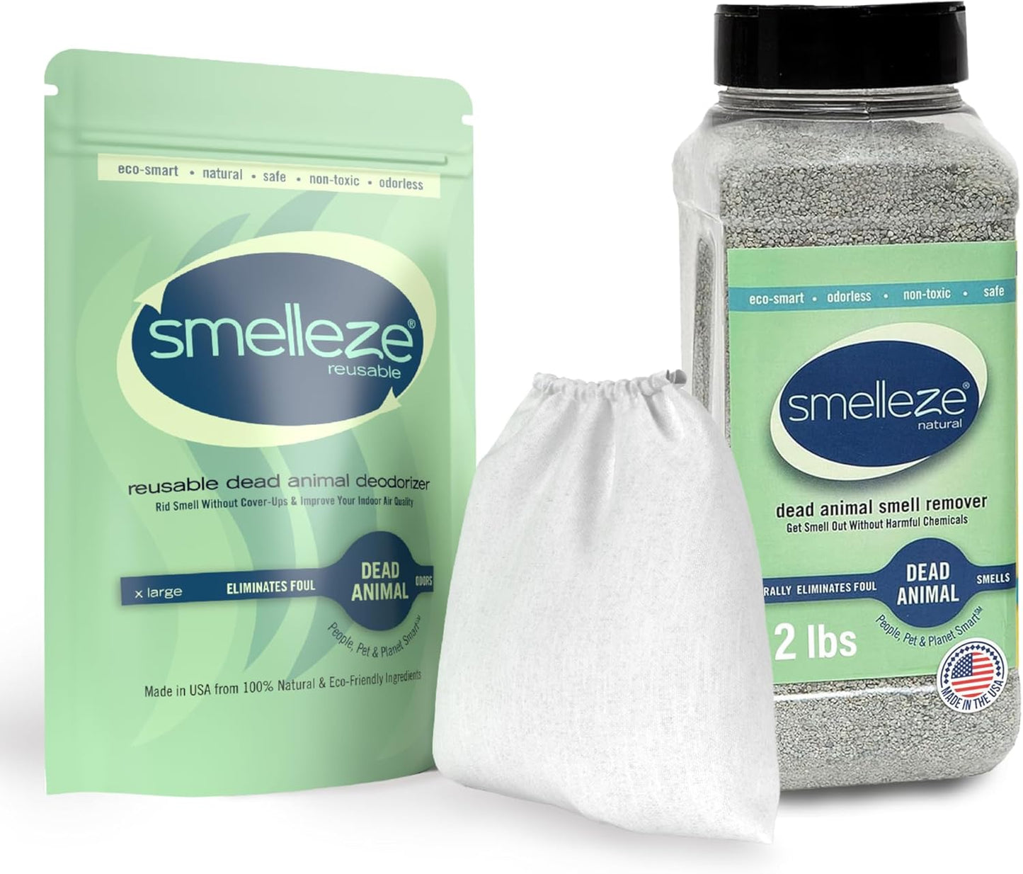 SMELLEZE Ultimate Odor Removal Bundle – 2 lb. Granules + 1 Reusable Pouch | Eliminates Tough Smells | Safe, Natural & Long-Lasting Indoor & Outdoor Odor Control