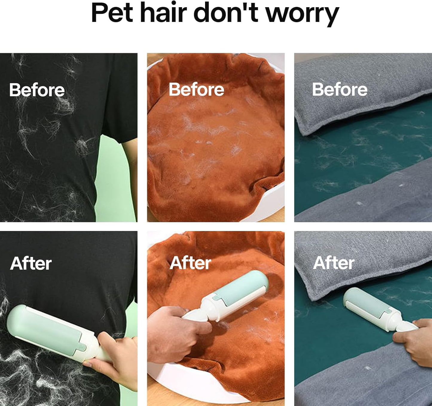 PAKEWAY 2 Pack Pet Hair Removal Tool, Reusable Dog & Cat Fur Remover with Comfy Non-Slip Handle, Portable Lint Roller with Self-Cleaning Base for Couch, Car Seat, Carpet, Bedding