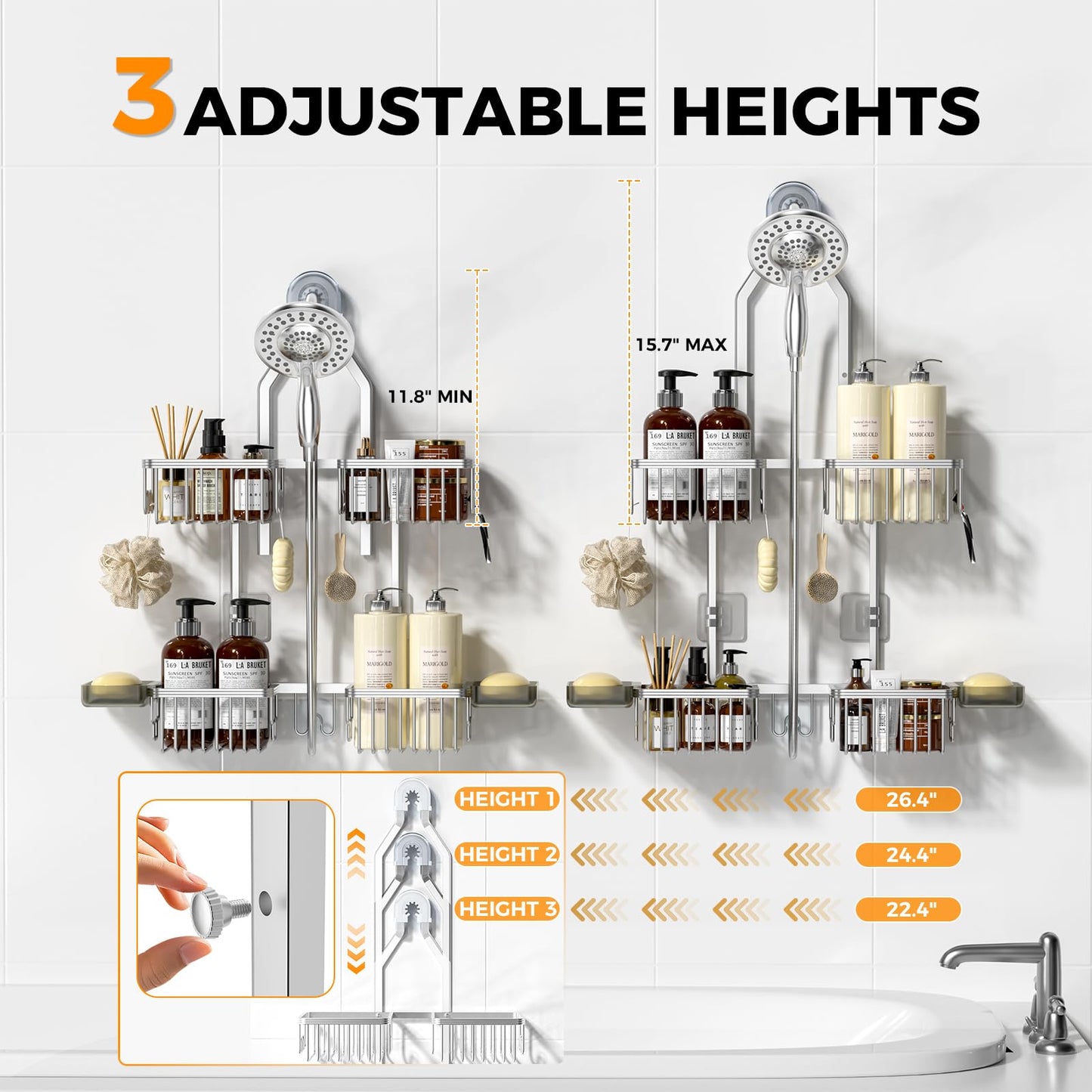 Adjustable Aluminum Shower Caddy Hanging for Handheld Showerhead, Silver